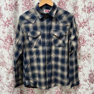 Wrangler Plaid Western Flannel Shirt Blue Tan Mens Medium